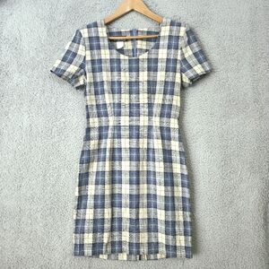 Vintage 90s My Michelle Blue Plaid Mini Dress 7/8 XS Short Sleeve Linen Grunge